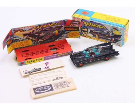 Corgi Toys No. 267 Batmobile comprising a black body with gold and red Bat logo hubs, complete with pulsating exhaust, Batman