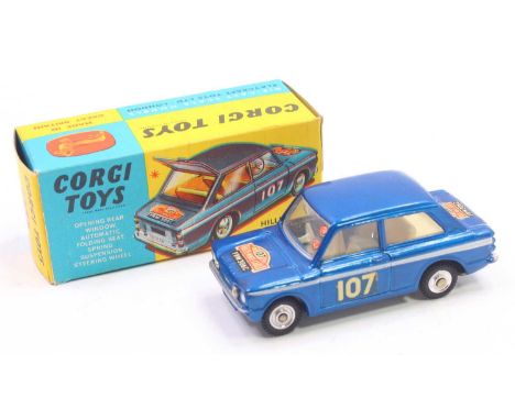 Corgi Toys No. 328 Hillman Imp in Monte Carlo trim comprising blue body with off-white interior, 107 racing No. and spun hubs