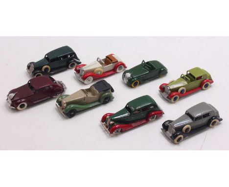 Dinky Toys group of 8 repainted and restored loose diecasts to include; No.30A Chrysler Airflow in maroon body, No.22g Stream