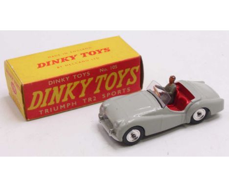 Dinky Toys No.105 Triumph TR2 Sports Car in grey with red interior and grey driver, housed in a pictorial card box (E-BG) 