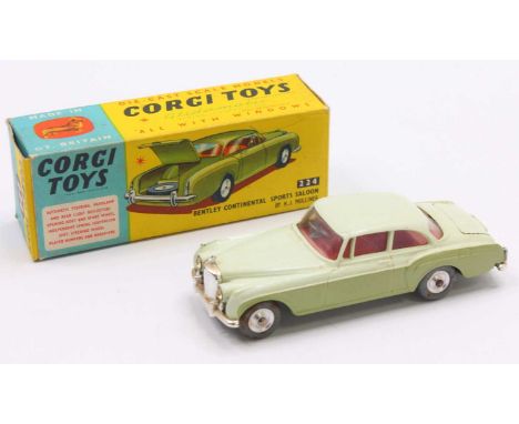 Corgi Toys No.224 Bentley Continental in two-tone green and fitted with a red interior and jewelled lights, housed in a good 