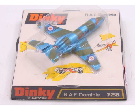 Dinky Toys No. 728 RAF Dominie comprising metallic blue and camouflage livery with RAF roundels housed in the original bubble