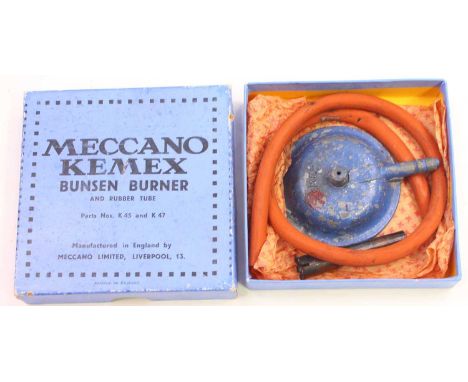 Meccano Kemex Bunsen burner and rubber tube, parts no K45 and K47, housed in the original box, very good condition, with guar