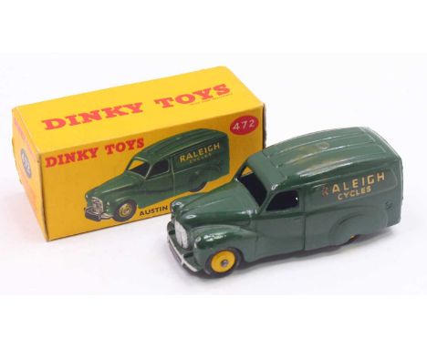 Dinky Toys No. 472 Austin 'Raleigh' Van comprising a dark green body with yellow hubs and 'Raleigh Cycles' decal, in the orig