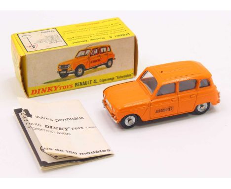 French Dinky Toys No. 518A Renault 4L comprising an orange body, with a grey interior, concave hubs, and silver trim, housed 