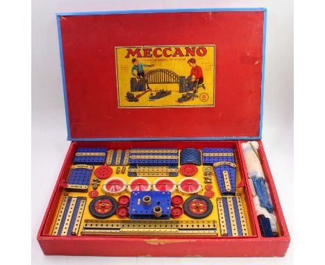 Meccano outfit no.8 set, with blue and gold components, all restrung to the original car insert, excellent condition, box has