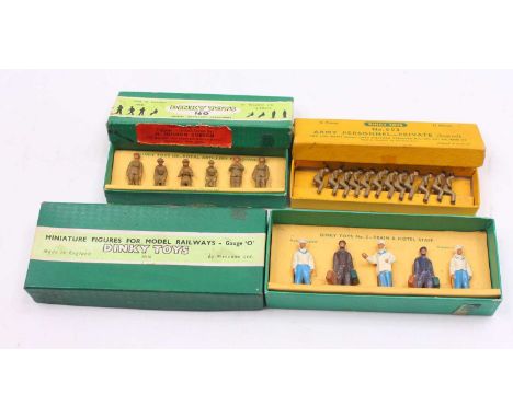 Dinky Toys group of 3 figure sets to include: No. 5 Train and Hotel Staff, No. 603 Army Personnel Seated Privates and No. 160