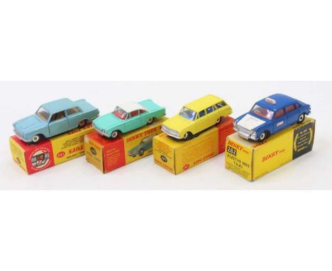 Dinky Toys boxed group of 4 to include 143 Ford Capri, turquoise body with white roof, red interior, spun hubs, 139 Ford Cons