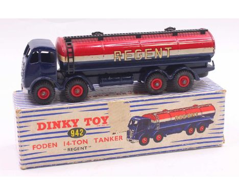 Dinky Toys 942 Foden 14-Ton 'Regent' Tanker, 2nd type dark blue cab and chassis, red/white/blue tank, red hubs, comes in the 