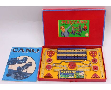 Meccano no.1 outfit, comprising blue and gold components, restrung to the original base, all components are in excellent cond