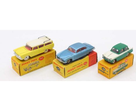 Dinky Toys group of three to include No. 142 Jaguar Mk X comprising of metallic steel blue body with red interior and spun hu