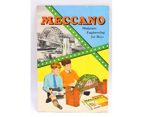 1960s original Meccano shop display card sign depicting two boys building a bridge, measuring 22cm x 32cm, excellent conditio