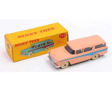 Dinky Toys, 173 Nash Rambler, pink body, blue flash, beige hubs with white tyres, original all card box (NM-BVG)