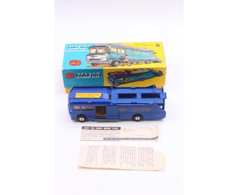 Corgi Toys No. 1126 Ecurie Ecosse racing car transporter comprising of dark metallic blue body with yellow lettering and spun
