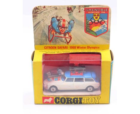 Corgi Toys No. 499 Citroen Safari 1968 Winter Olympics car, comprising white and blue body with blue interior, with two figur