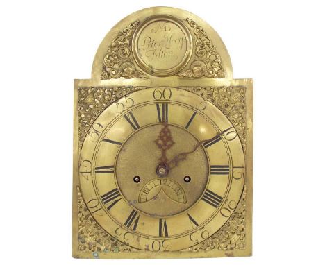 Eight day longcase clock movement, the 12.25" brass arched dial signed Peter Hogg, Felton N15 on a flat boss to the arch over