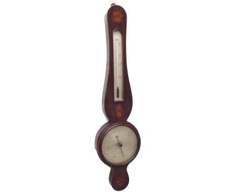 Early mahogany banjo barometer/thermometer, the 8" silvered dial signed Pelegrine, within a chevron banded case inlaid with t