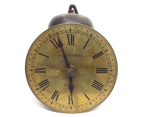 Interesting small brass and iron Pantry clock, the 6" brass dial signed Whitehurst, Derby, striking on a bell to the top, the