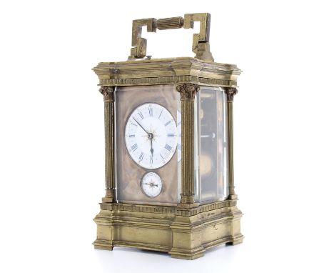 Large alarm carriage clock striking on a gong, the 2.25" principal dial over an alarm dial and within a silvered mask, within