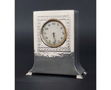Liberty Arts &amp; Crafts style mantel clock timepiece, the 2" pewter dial within a planished pewter case inscribed to the ba