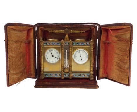 Brass and cloisonne clock/barometer desk compendium, the 1.75" twin dials either side of a silver scaled thermometer, the top