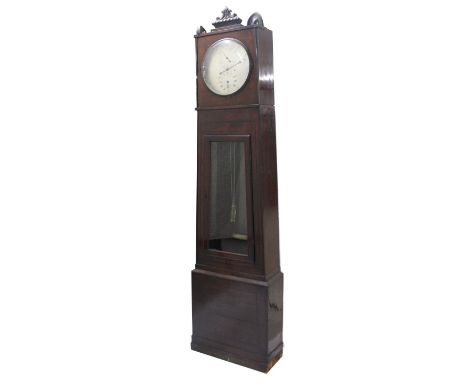 Mahogany regulator longcase clock, the 13" silvered circular dial with subsidiary seconds and hour dials, the movement with d