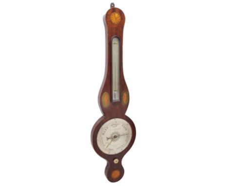 Early mahogany inlaid banjo barometer/thermometer, the 8" silvered dial signed 59 Shoe Lane, London, within a chevron banded 