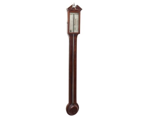 Mahogany stick barometer signed C. Negrini, Tenterden on the silvered scale, over a chevron banded flat trunk to the hemisphe