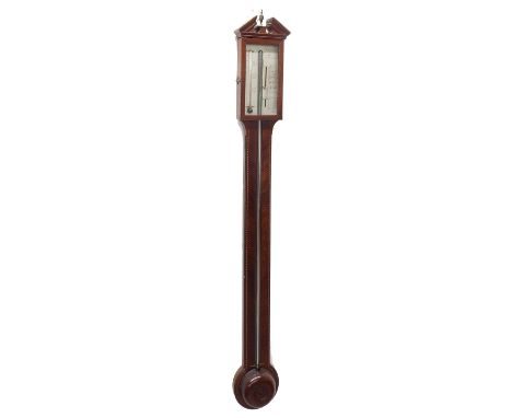 Mahogany stick barometer signed C. Negrini, Tenterden on the silvered scale, over a chevron banded flat trunk to the hemisphe