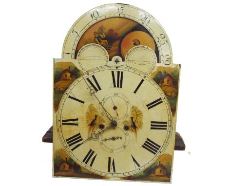 Eight day longcase clock movement, the 16" painted arched dial with moon phase to the arch over subsidiary seconds and calend