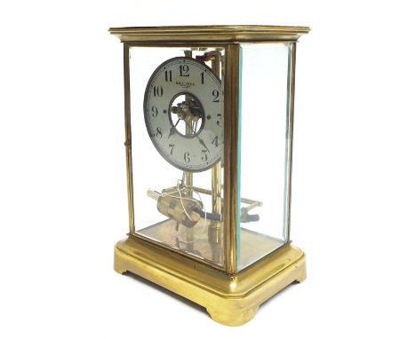 Bulle electric four glass mantel clock, the 5.5" silvered chapter ring enclosing a skeletonised centre, within a bevelled gla