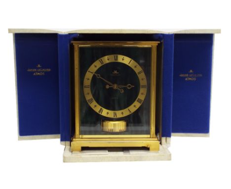 Jaeger-LeCoultre Atmos mantel clock, the 5" brass chapter ring fixed to a malachite dial plate, within a brushed brass case w
