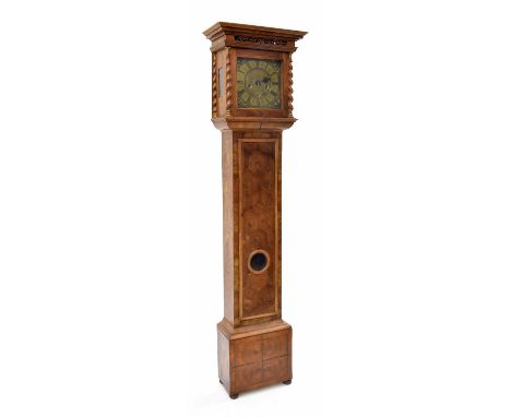 Small walnut and laburnum eight day longcase clock with five pillar movement, the 10.5" square brass dial signed Thomas Pare,