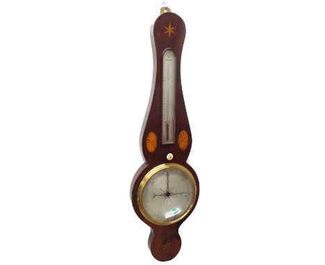 Good early mahogany wheel barometer/thermometer, the 8" silvered dial within a rounded chevron banded case inlaid with stars 