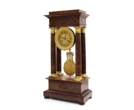 French mahogany portico two train mantel clock, the 4" gilt metal engraved dial signed Perigot á Paris, the movement with out