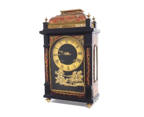 Good French Religieuse Boulle and ebonised two train mantel clock, the movement back plate with outside countwheel signed Gau