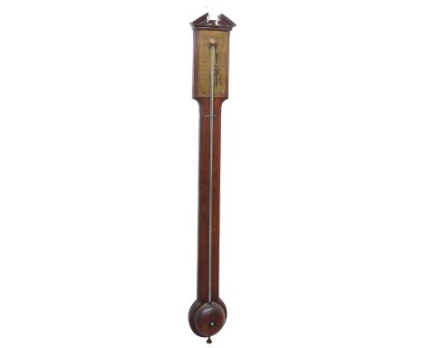 Mahogany stick barometer, the brass dial plate signed Manticha &amp; Co Fecit over a flat chevron banded trunk to the hemisph