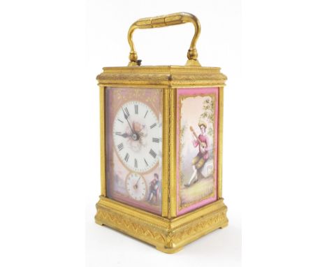 Fine Drocourt gilded brass porcelain panelled repeater carriage clock with alarm, the movement back plate stamped with the ma