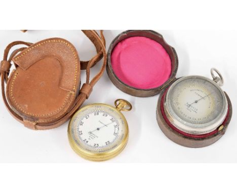 Gilt metal cased pocket barometer, the 2.5" dial signed T Wheeler, London no. B.1823/1941, within outer leather travelling ca