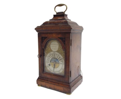 Fine small English walnut verge bracket clock, the 4" brass arched dial signed Devereux, Bowly, London on a silvered disc to 