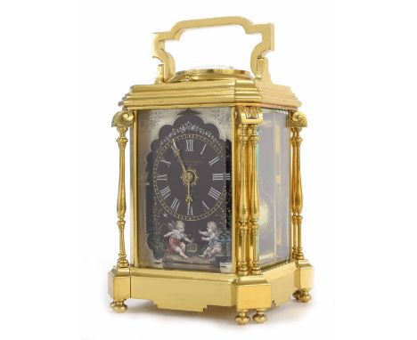 Good French gilded brass repeating carriage clock striking on a gong, the black painted porcelain dial signed Howell &amp; Ja