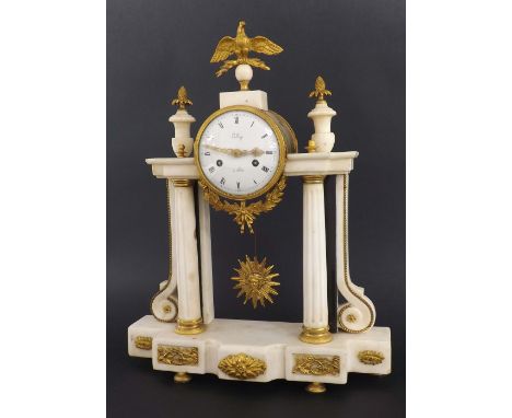 French white marble and ormolu mounted two train drumhead portico mantel clock, the 4" white enamel dial signed Le Roy á Pari