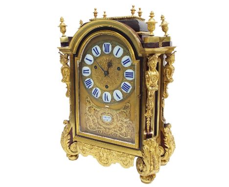 Fine French ormolu and tortoiseshell three train bracket clock in need of restoration, the 9.5" gilded arched matted dial pla