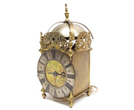 Antique English brass lantern clock, the 6.5" silvered dial enclosing a foliate engraved centre signed William Dee, Windsor, 