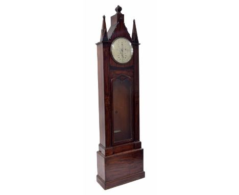 Fine and unusual mahogany and ebonised Gothic cased English longcase regulator clock, the 12" silvered dial signed John Raust