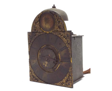 Small English brass hook and spike lantern clock with alarm, the 4.75" brass arched dial signed J. Buxton, Diss on a circular