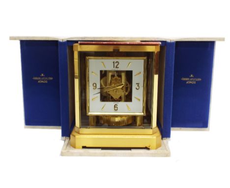 Jaeger LeCoultre Atmos mantel clock circa 1972, the 4.75" chapter ring enclosing a skeletonised centre, the top impressed wit