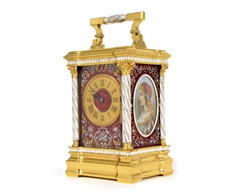 Fine French repeating enamelled panelled carriage clock with alarm, the movement striking the hours on one gong and the alarm