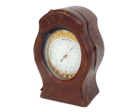 Good French silver plated brass desk aneroid barometer/thermometer, the 2" white enamel barometer dial within a foliate engra