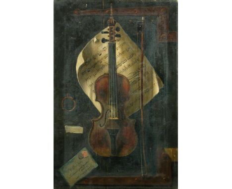 W G Becker (British, 19th-20th Century) Trompe L'Oeil with Violin and Bow, a musical score and an envelope signed "W G Becker